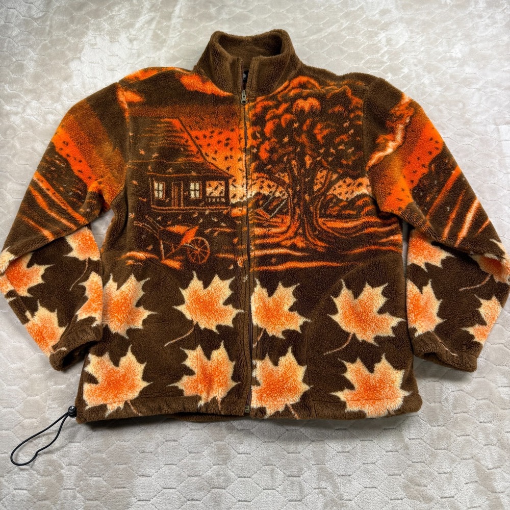 VTG Art Unlimited Full Zip Fleece Jacket Sz Lg AOP Fall Autumn Cabin See Pics